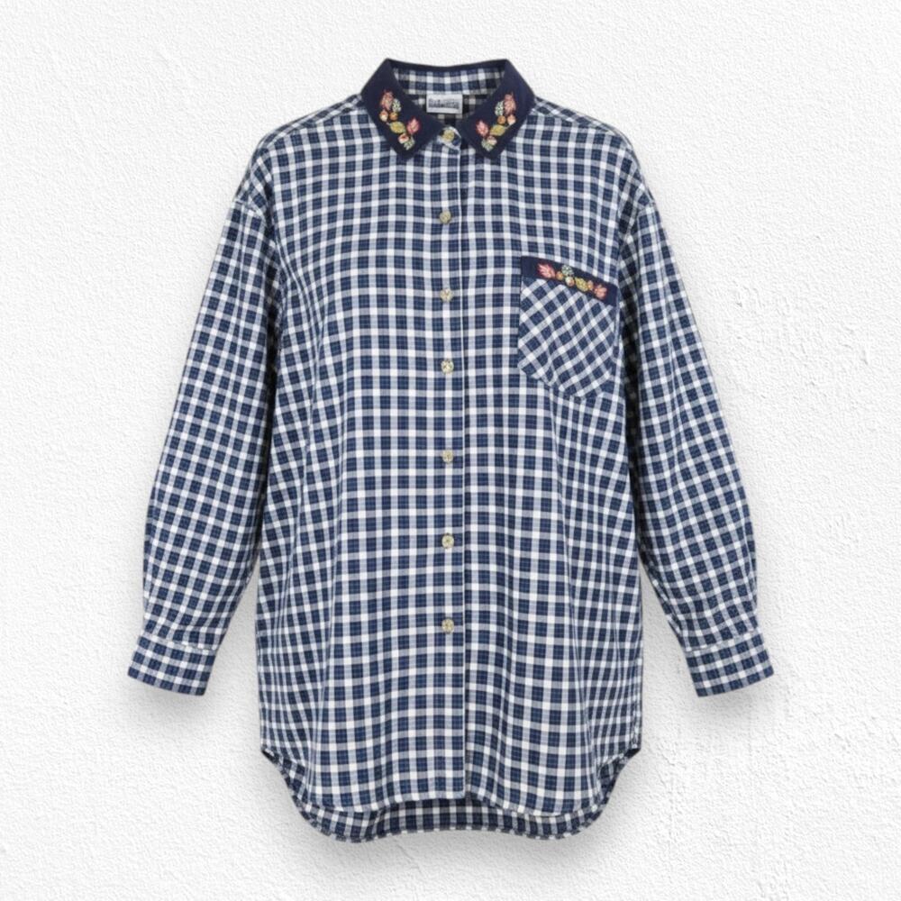 Y2K Basic Editions Fall Embroidery Gingham Shirt Navy Plaid Button Up Size Large
